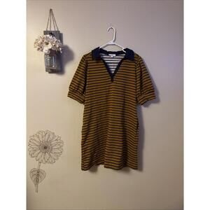 Entro Blue Brown Striped Collared Dress Pockets Half Sleeve Women’s Size Large
